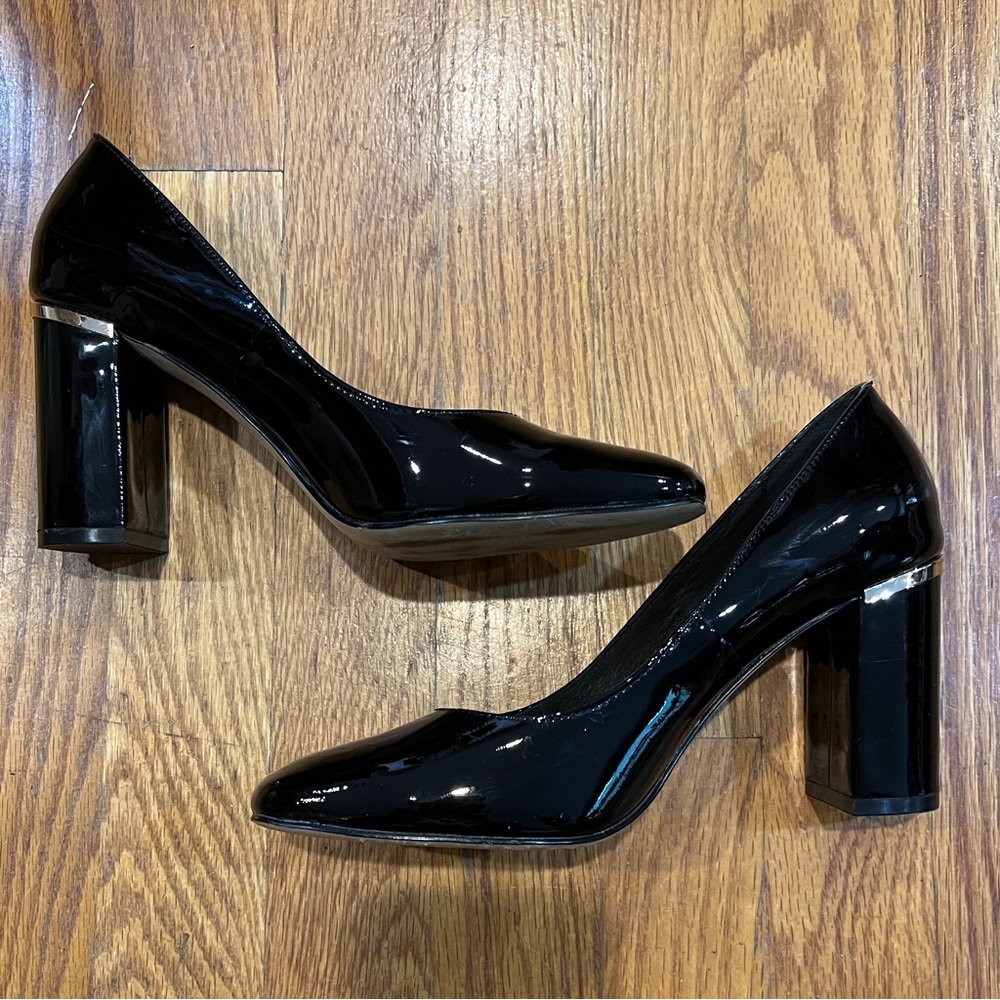 Kate Spade Block Heel Black Patent Leather Pumps Shoes Gold Trim Size 6